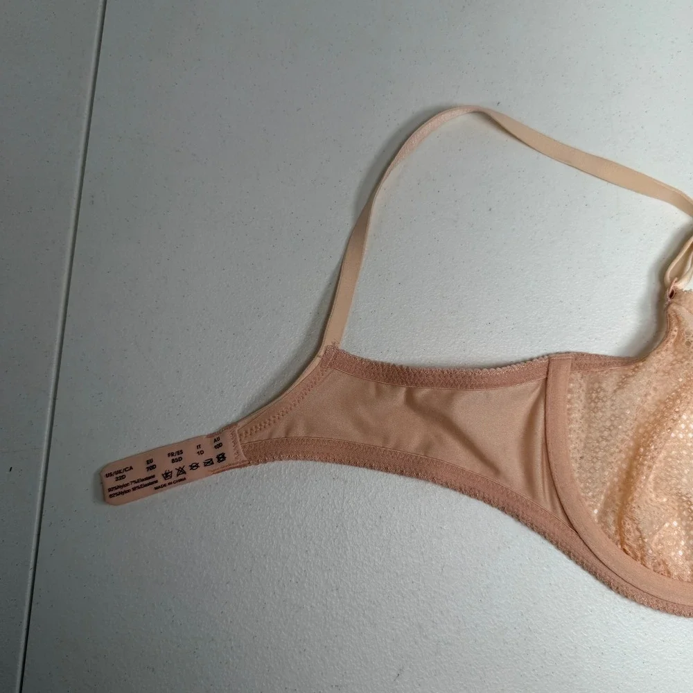 Wingslove 32D Bra Balconette Peach Geometric Lace Mesh Underwire Bow Detail
